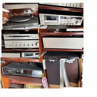 Collage showing turntable, Harman Kardon separates, TEAC CD player, speaker fronts