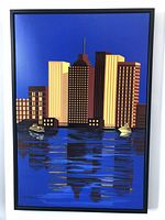 Full view of framed painting showing skyline and water reflections