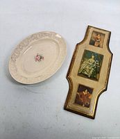 Full view of both items: porcelain platter and wall plaque