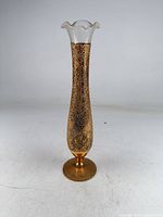 Full view of tall gold gilded floral bud vase