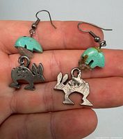 Front view of both earrings showing turquoise bear fetishes, clear spacer beads and silver-tone rabbit charms