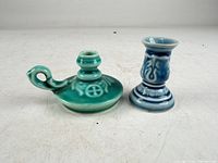 Two porcelain miniature candleholders, teal chamberstick and blue candlestick