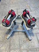 Pair of adjustable dumbbells on metal stand