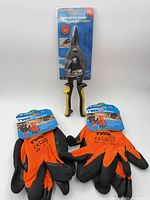 Lot overview: two packaged pairs of Toolway gloves and one packaged ToolDeals straight cut tin snip