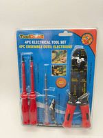 Front view of sealed 4-piece tool set in packaging