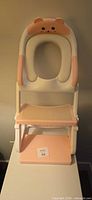 Front view of pink and white kids toilet seat with step ladder