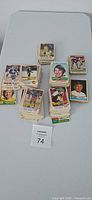 Top view showing assorted 1981-82 era hockey cards in several short stacks