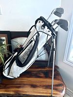 Full view of white Ping stand bag with irons inside