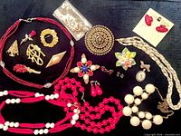Entire lot overview showing necklaces, brooches, earrings