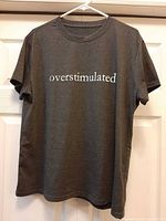 Full front view of T-shirt on hanger showing design