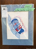 Full view of matted artwork in plastic sleeve showing size label and artist attribution