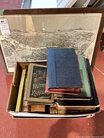 Overview showing framed print and box of assorted books