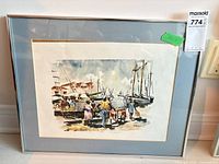 Front of framed watercolor showing harbor scene, mat, frame and glazing