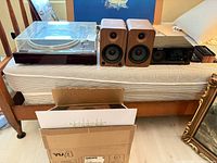 Overall lot showing turntable, pair of speakers, receiver, YU4 box