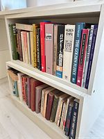 Two shelves filled with assorted politics/economics/history books