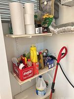 Shelf with paper towels, cleaning supplies, Coca-Cola carrier, gallon bleach, mop handle visible