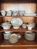 Cabinet shelves with assorted floral Haviland dinnerware including plates, bowls, tureen, gravy boat, chips visible