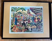 Framed lithograph print showing Farmers Market scene with figures, produce and tower