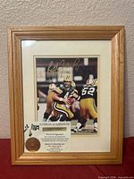 Front view of framed Brett Favre signed print with COA visible