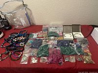 overview of necklaces, bead bags, cuff bracelets and storage box