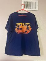 Front view of navy T-shirt showing San Diego sunset graphic