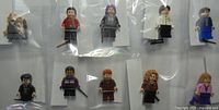 Ten individually bagged LEGO Harry Potter minifigures displayed in two rows