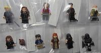 Group shot of all ten minifigures, wands and cat accessory in bags