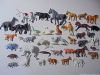 Wide shot of all forty plastic animal figurines laid out on white background