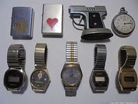 Group image showing three lighters, pocket watch and five wristwatches