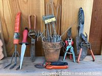 All tools lined up against wood backdrop: cultivator, trowel, shears, pruners, saw, pot with wire supports and label