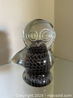 Front view of clear glass owl with internal spiral pattern