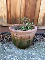 Oblique view of planter showing exterior sun and leaf relief and weathered finish