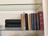 Shelf showing all books, horizontal stack left, vertical row right