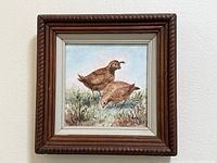 Full view of framed quail painting on wall