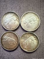 Four 1967 Centennial quarters obverse up showing bobcat design