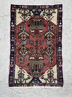 Full view of Saveh rug showing overall design and borders