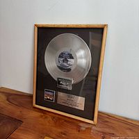 Full view of framed platinum award on tabletop