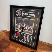 Front view of framed display showing photograph, logos, plaques and floor piece