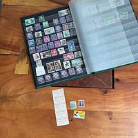 Album open showing multiple pages of stamps with loose panes beside