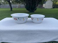 Two Corelle stoneware fruit motif mixing bowls side by side