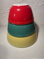 Stacked view of red, teal and yellow bowls upside down