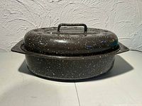 Front view of roasting pan with lid in place showing overall form and finish