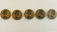 Front view of all five matching brass buttons in a row