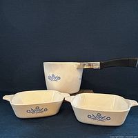 Front view showing saucepan and two petite casseroles