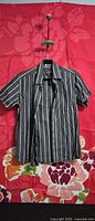 Front view of MEXX charcoal striped short-sleeve shirt on hanger