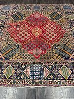 Full view of rug showing entire design and fringe