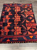 Full view of handmade Hamadan rug showing pattern and colors