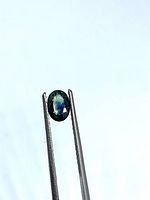 Oval blue sapphire held in tweezers against light background
