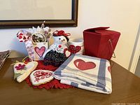 Grouped Valentine decor items on table