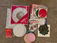 All packages and loose stacks of assorted paper lace doilies displayed